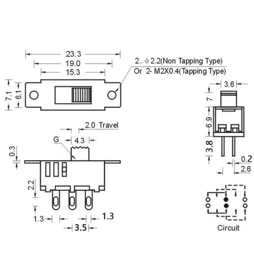 ON-OFF-ON Slide Switch 3 Position 6 Pin 9.webp